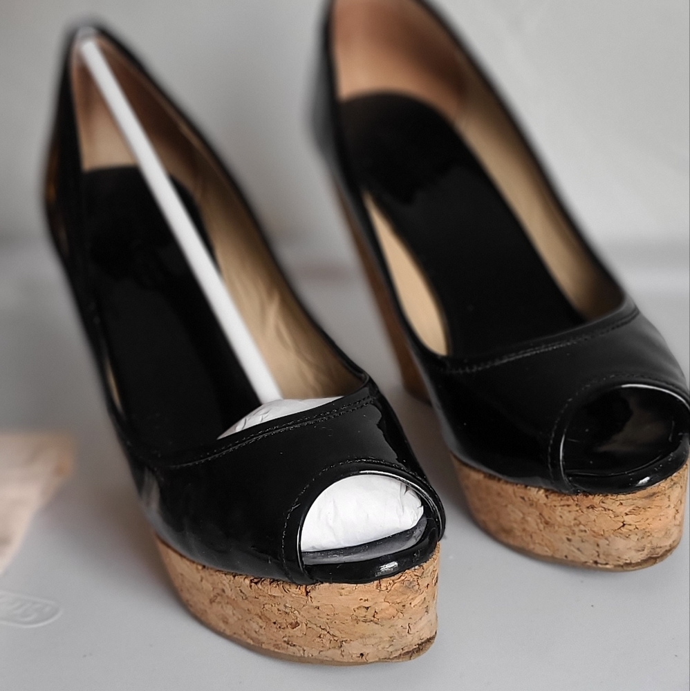 Jimmy Choo Black Patent Cork Wedge 38